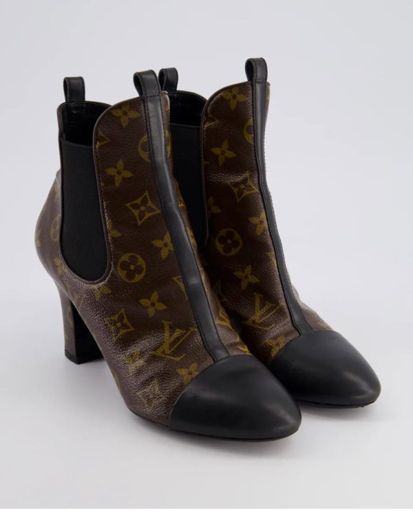 LOUIS VUITTON BROWN MONOGRAM CANVAS HEEL ANKLE BOOTS WITH BLACK LEATHER TRIM SIZE EU 39