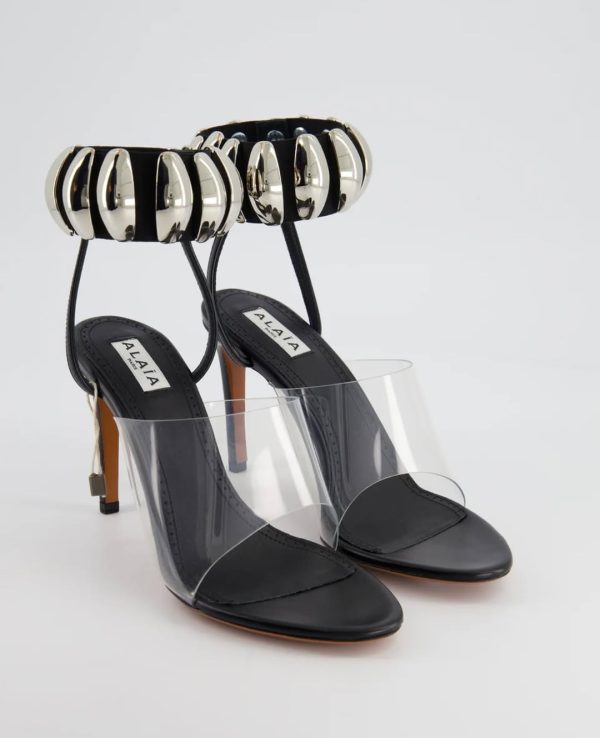 ALAÏA BLACK AND SILVER TRIBALE EMBELLISHED LEATHER AND PU SANDAL HEELS SIZE EU 36/38 RRP